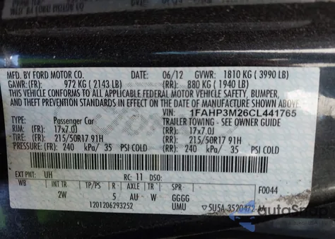 2012 Ford Focus Sel z USA, uszkodzony, nr VIN 1FAHP3M26CL441765